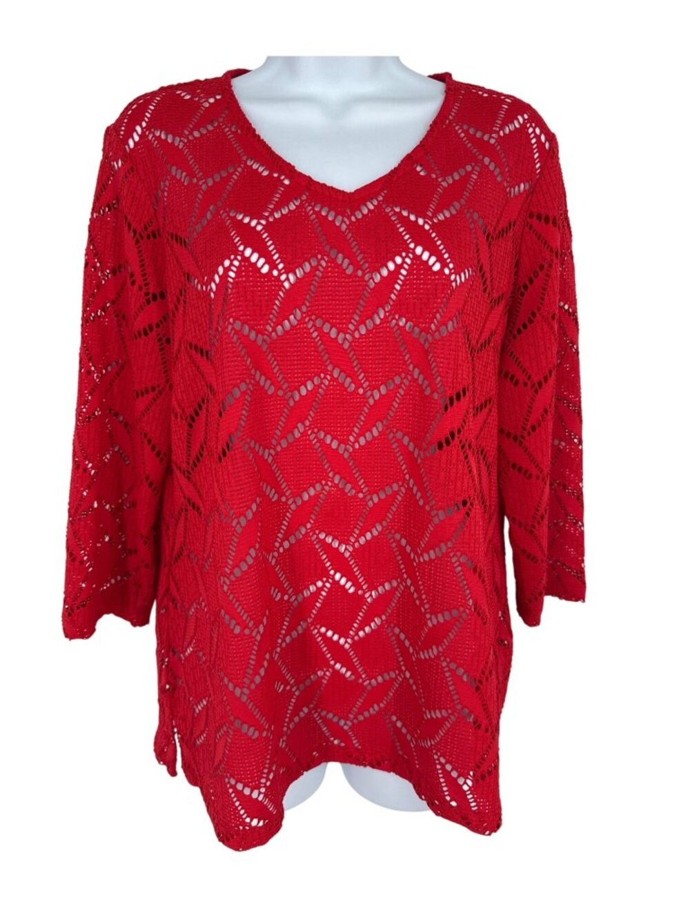 Chicos Red Crocheted Open Knit V-Neck 3/4 Sleeve Top Size 1 US M